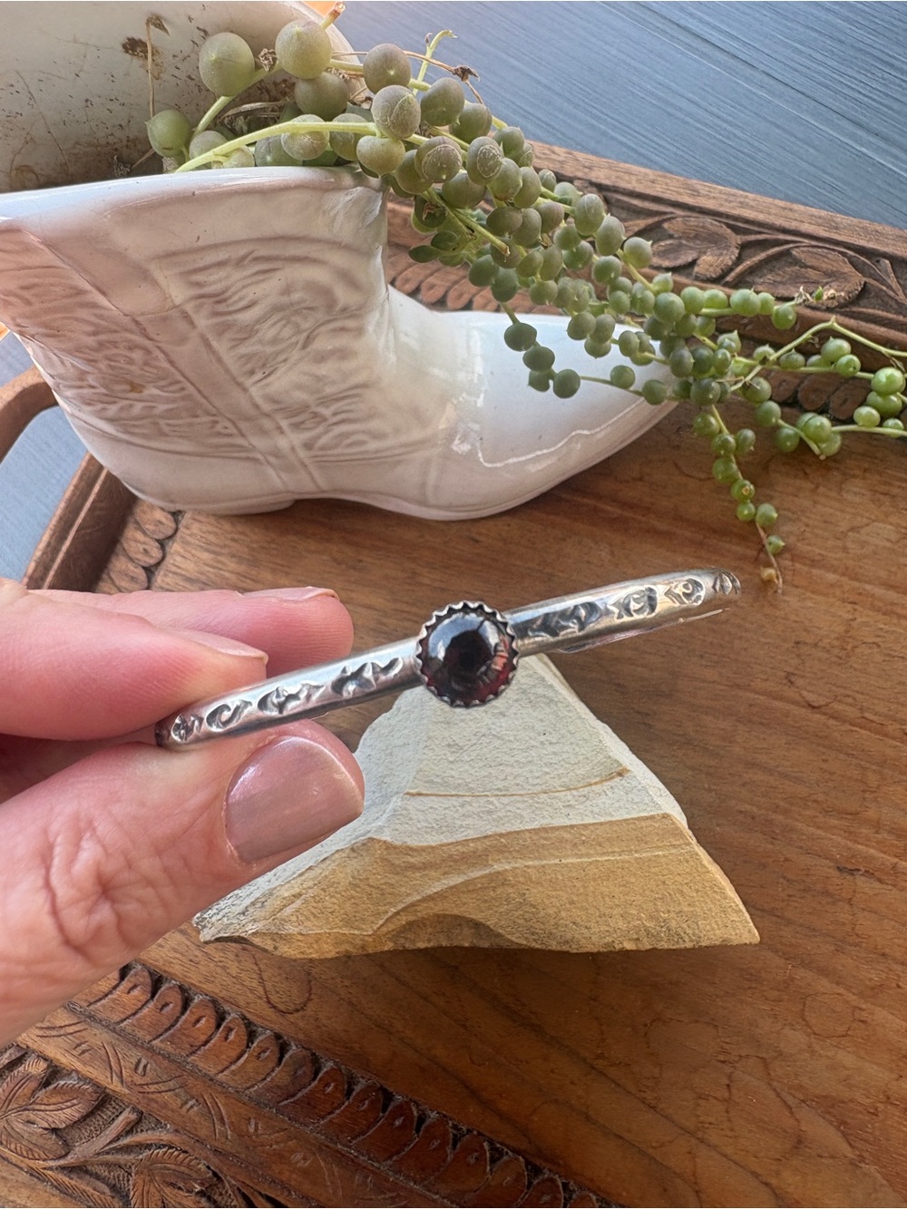 Handcrafted New Mexico Sterling Silver Garnet Cuff Bracelet Artisan Stamped